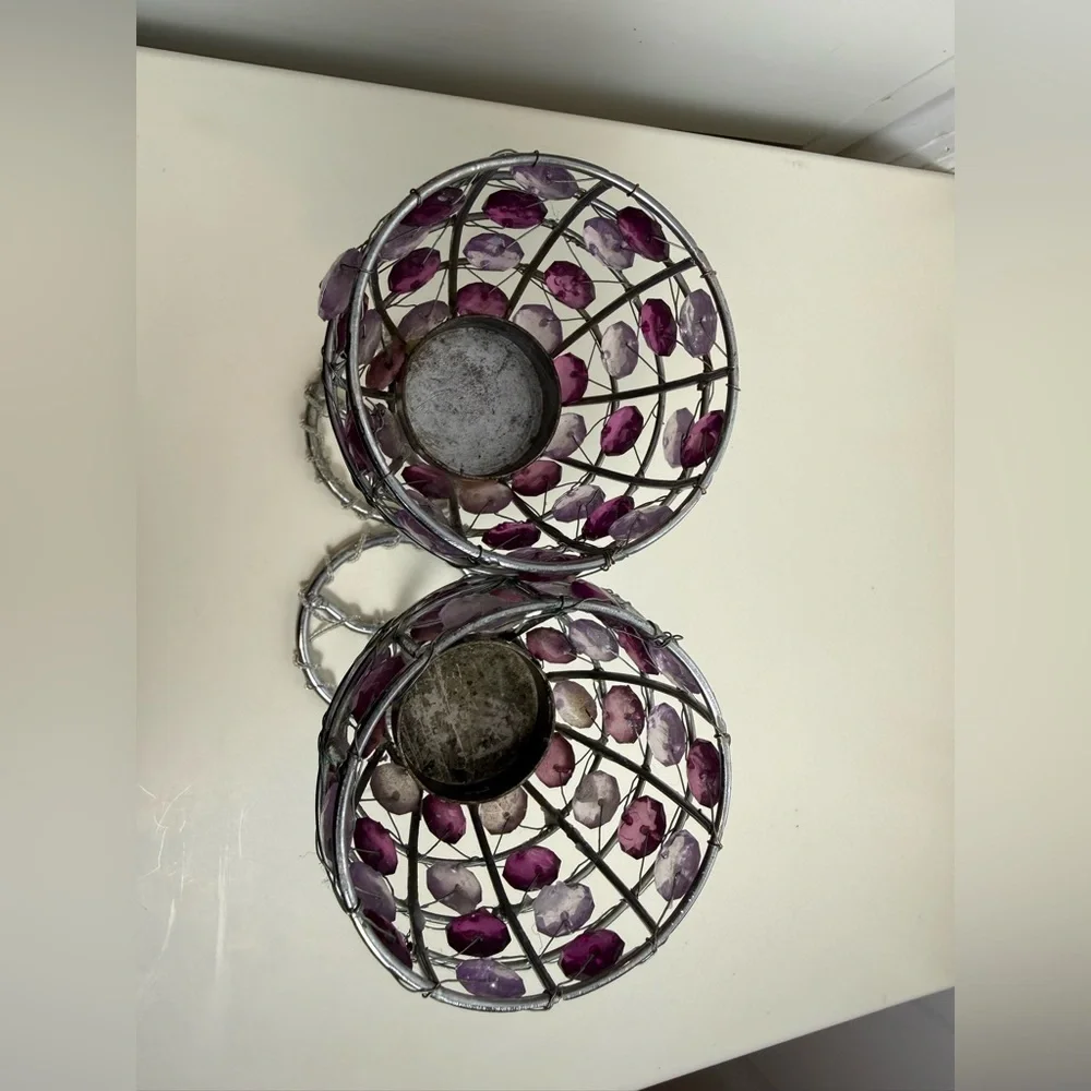 Set of 2 Purple Crystal Beaded Candle Holders Glam Decor